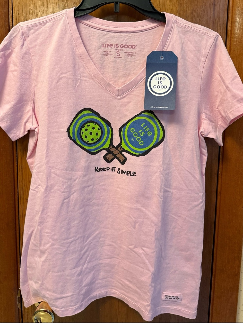 Life Is Good Pink V‑Neck Tee with Pickleball Graphic